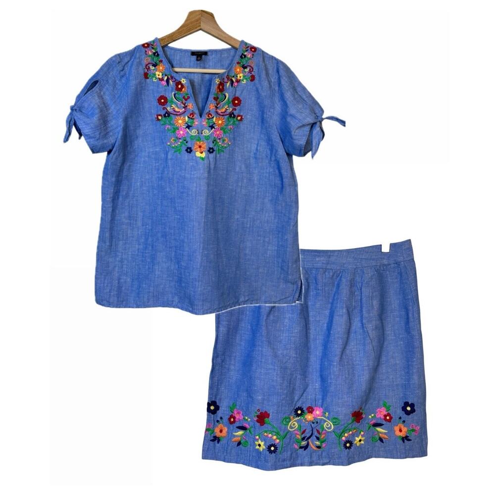 Talbots Linen Cotton Floral Embroidered Skirt 6 and Top Small Set Artisan Resort - Picture 2 of 13